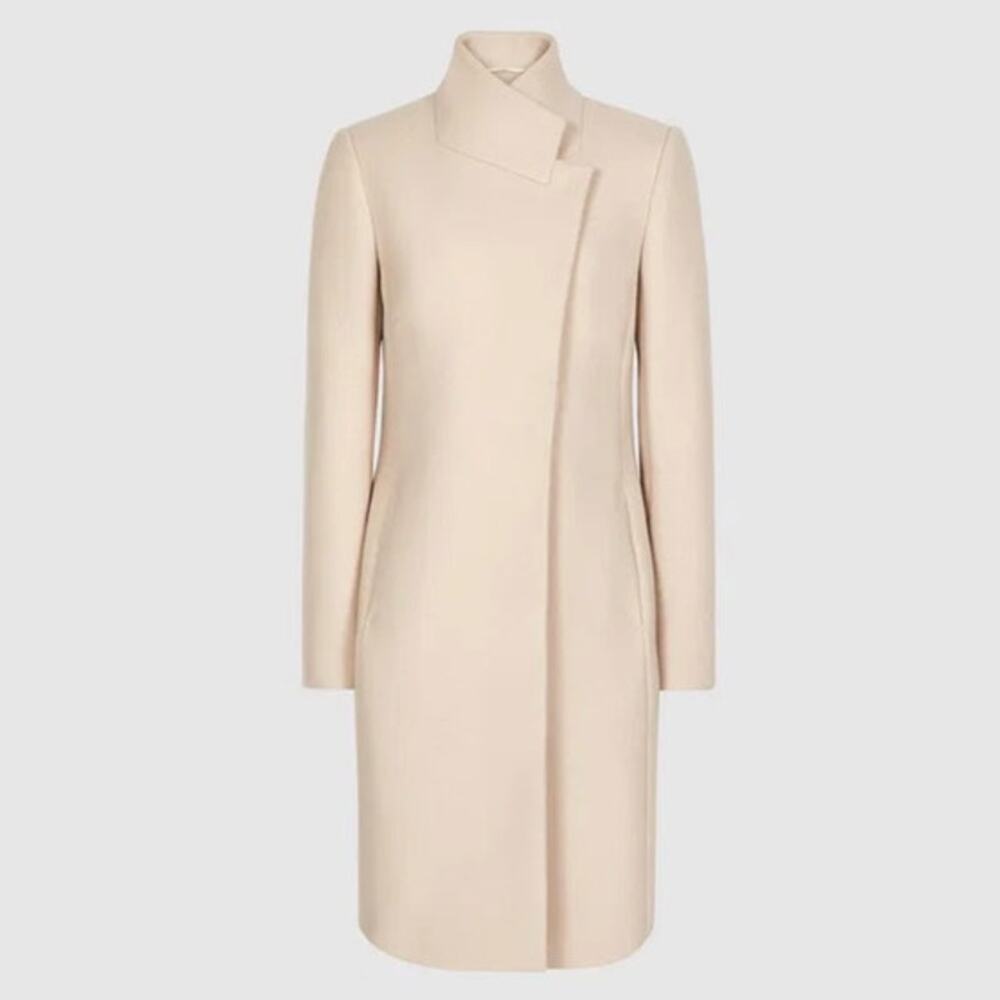 REISS Coat Size 12 NEW Maya Wool Blend Slim Wrap Collar Jacket Cream Tan $620 - Picture 5 of 13